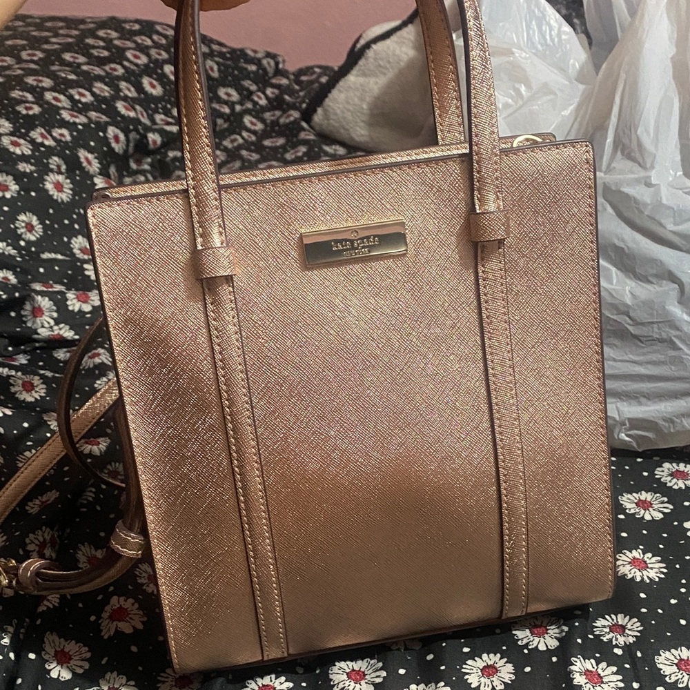 Kate spade mini tote metallic saffia new with tag rose gold